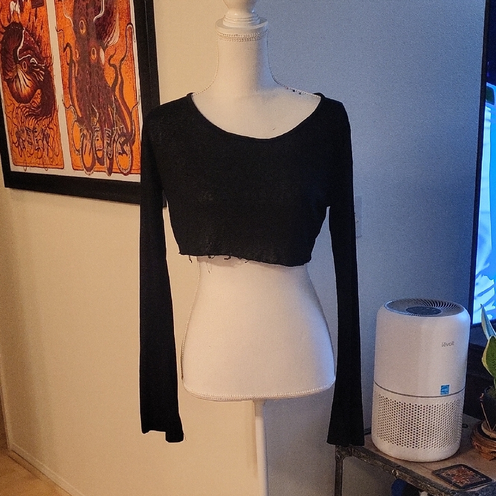 Edikted Black Long Sleeve Cropped Top Sheer Wide Sleeves